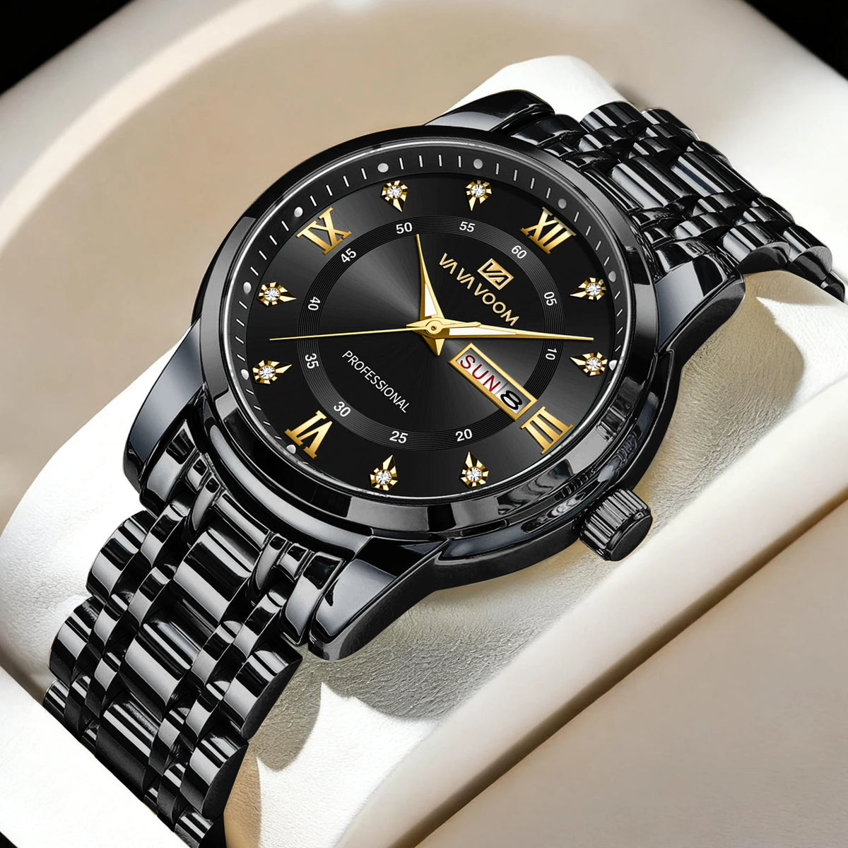 Relógio Masculino Luxo Dourado Azul Strass - VA VA VOOM