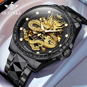 Relógio OUPINKE 3276 Automático Mecânico com Fase Lunar e Dragão