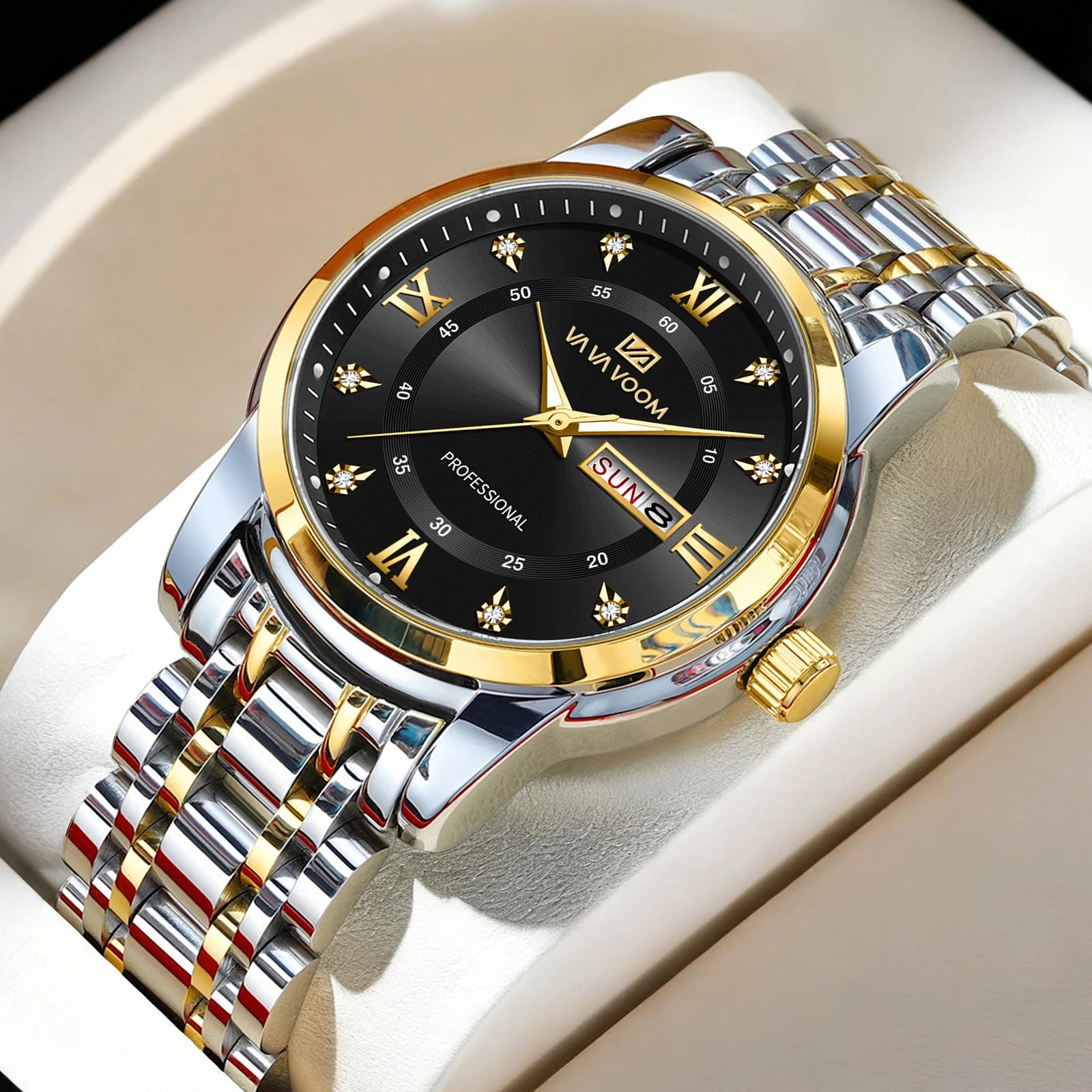 Relógio Masculino Luxo Dourado Azul Strass - VA VA VOOM