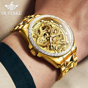 Relógio OUPINKE 3276 Automático Mecânico com Fase Lunar e Dragão